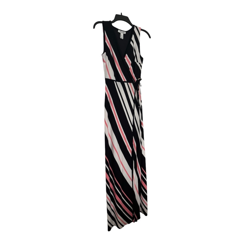 Sleeveless Black and Pink Striped Wrap Maxi Dress